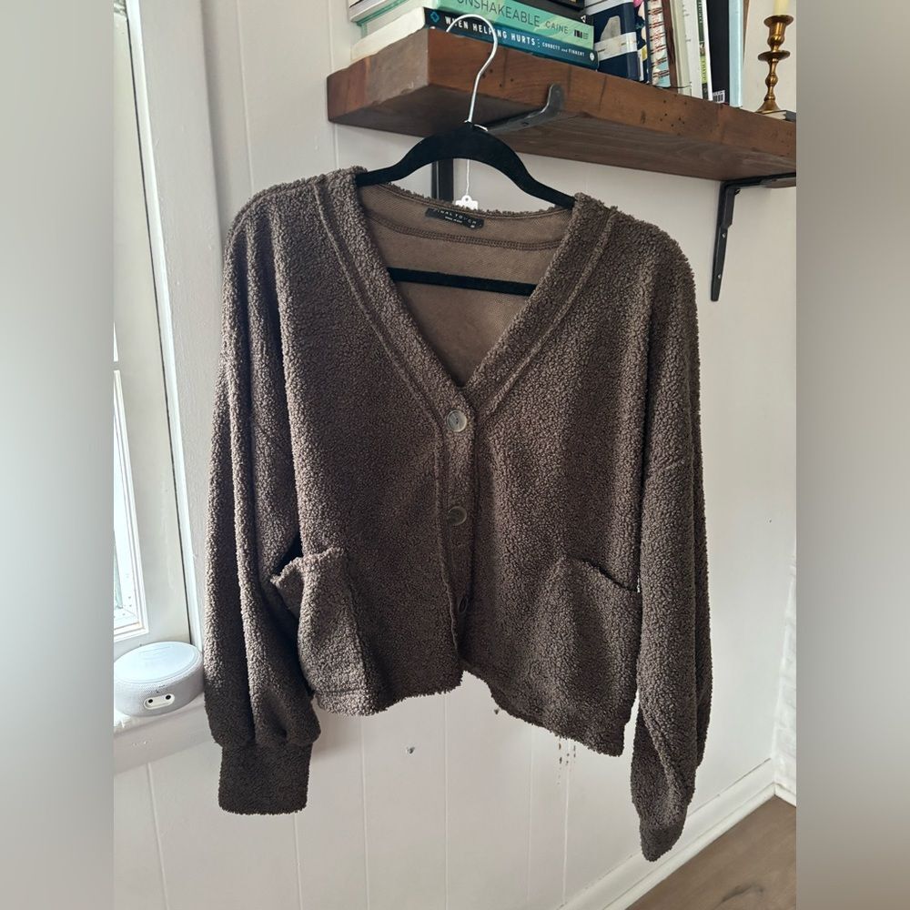 Final Touch Brown Teddy Sherpa balloon sleeve Button-Up Cardigan